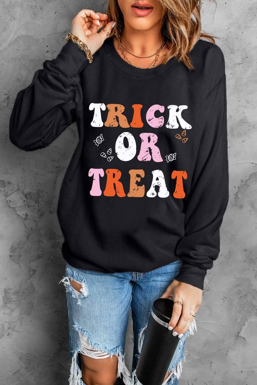 Black Trick Or Treat Graphic Crewneck Halloween Sweatshirt