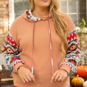 Khaki Aztec Patchwork Waffle Knit Plus Size Hoodie