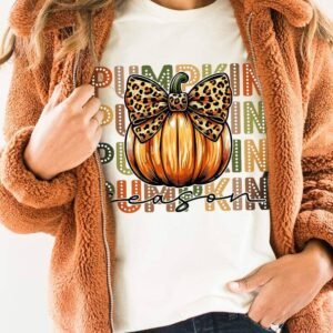 White Pumpkin Season Leopard Bow Print Crew Neck T Shirt