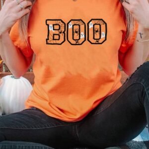 Orange Boo Halloween Ghost Spider Embroidered Graphic Tee