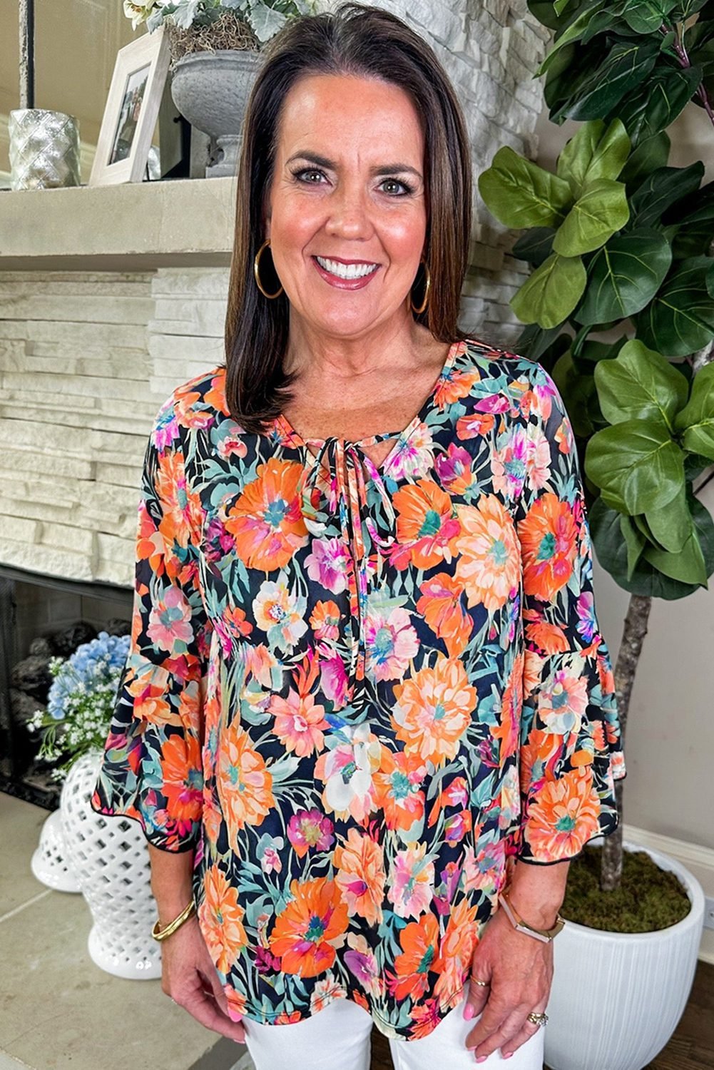 Black Floral 3/4 Flare Sleeve Tied V Neck Blouse