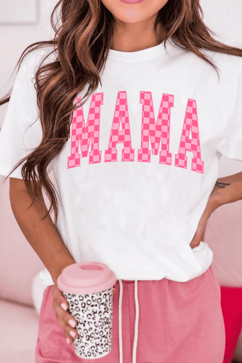 White Checkered Mama Letter Graphic T Shirt