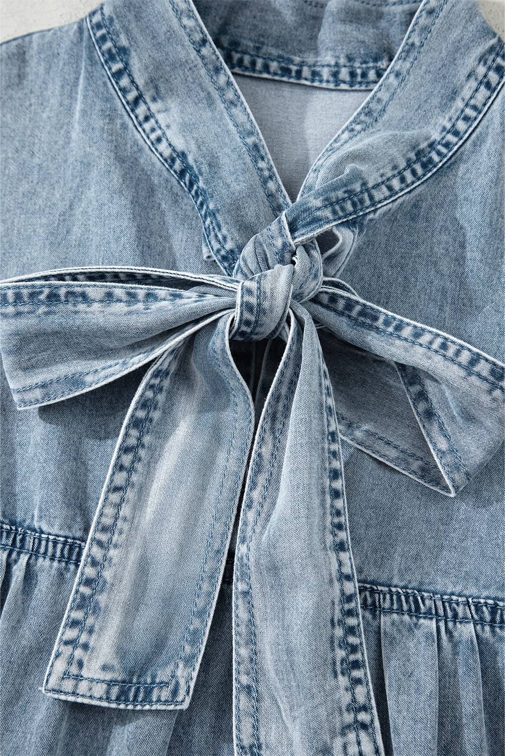 Real Teal Bowknot Neck Sleeveless Ruffled Chambray Dress