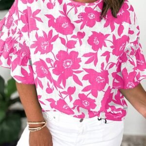 Pink Floral Printed Ruffled Short Sleeve Round Neck Loose Blouse