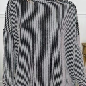 Black Twist Ribbed Exposed Seam Detail Long Sleeve Loose Top