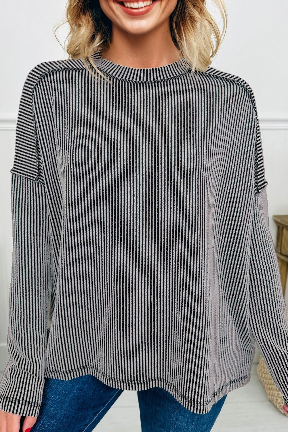 Black Twist Ribbed Exposed Seam Detail Long Sleeve Loose Top