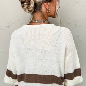 Brown Striped Accent Notched V Neck Cropped Sweater T Shirt