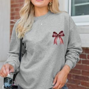 Gray Football Bow Print Drop Shoulder Pullover Sweatshirt