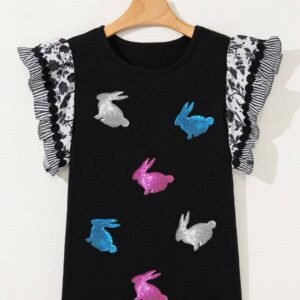 Black Floral Striped Patchwork Flutter Sleeve Easter Bunny Patched Blouse