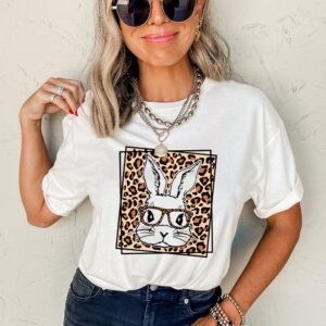White Leopard Cute Bunny Graphic Crewneck Easter Tee