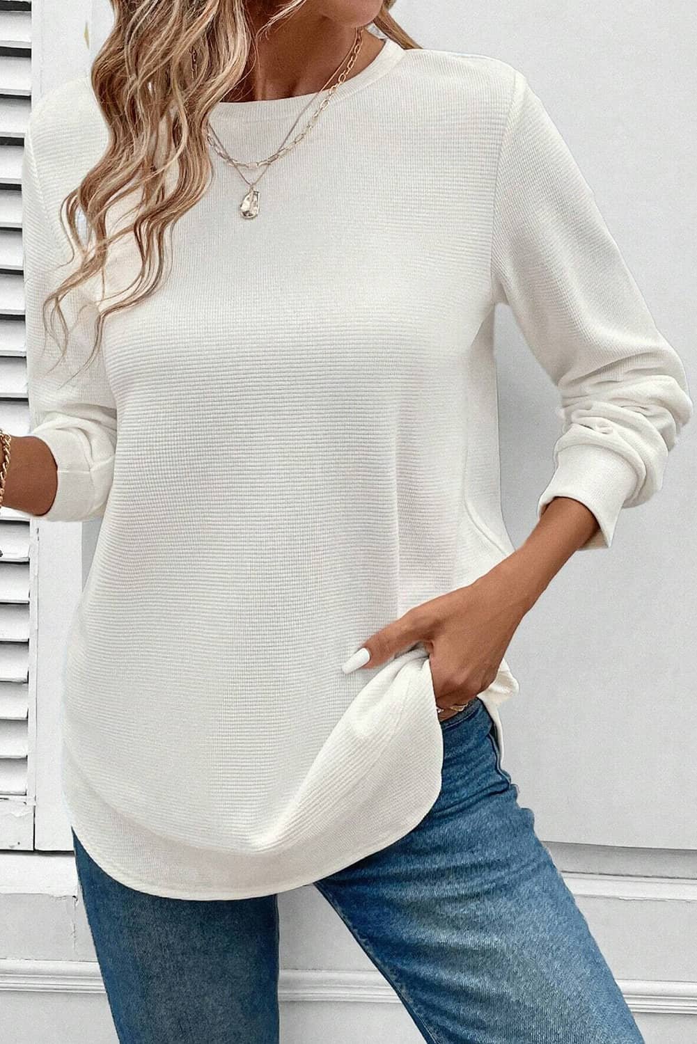 White Rounded Hem Waffle Long Sleeve Top