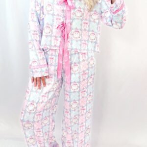 Pink Bow Wreath Pattern Christmas Holiday Tied Front Long Sleeve 2Pcs Pajama Set