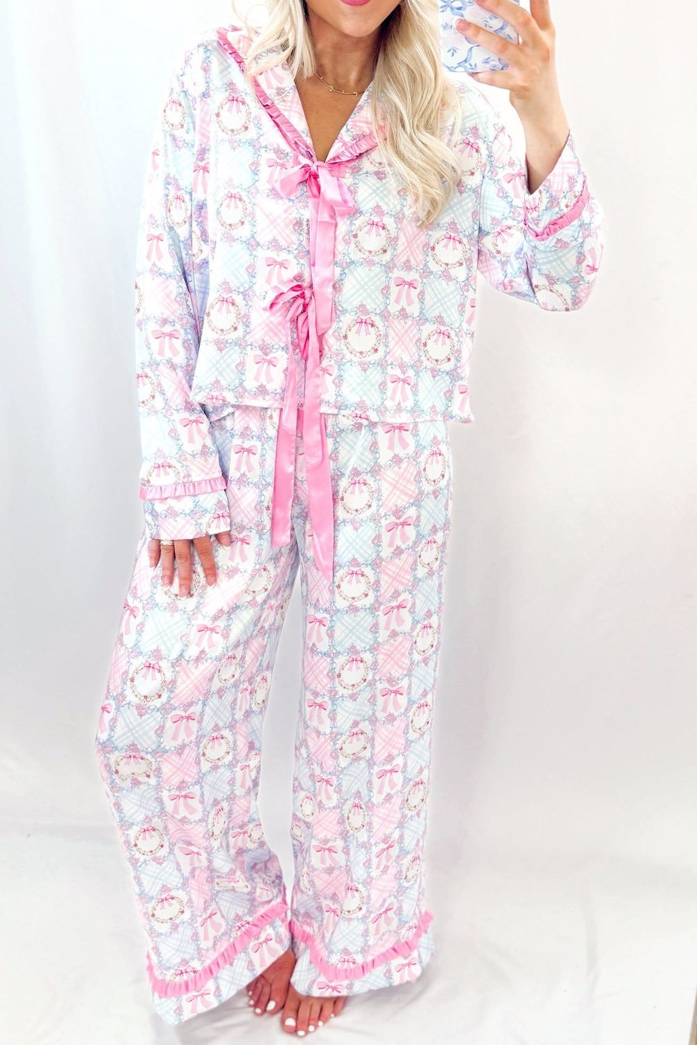 Pink Bow Wreath Pattern Christmas Holiday Tied Front Long Sleeve 2Pcs Pajama Set