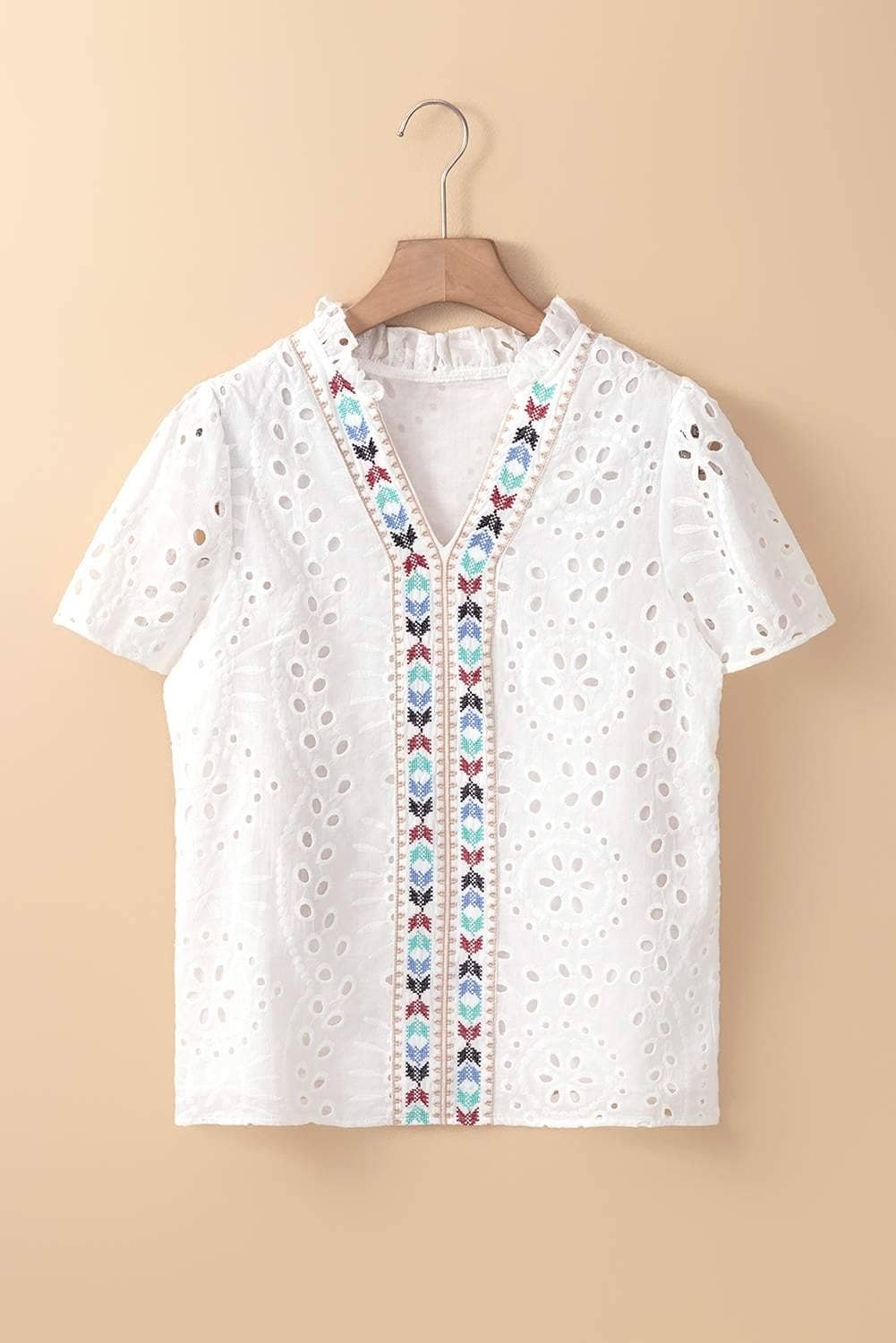 White Geometric Embroidery Hollow Out Blouse