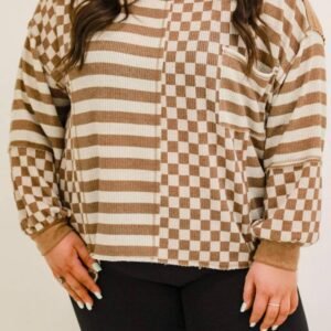 Khaki Striped Checkered Mixed Print Chest Pocket Casual Plus Size Top