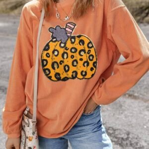 Orange Halloween Leopard Pumpkin Patchwork Ribbed Sweatshirt
