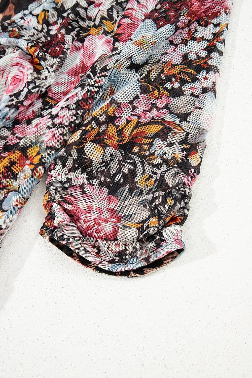 Brown Mesh Leopard Floral Reversible V Neck Short Sleeve Dress