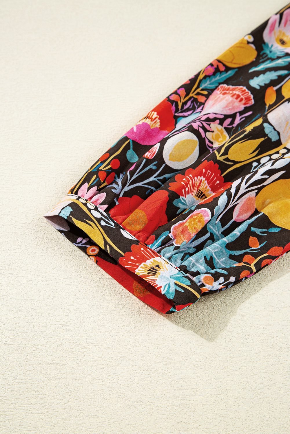 Black Floral 3/4 Puff Sleeve Tied Neck Blouse