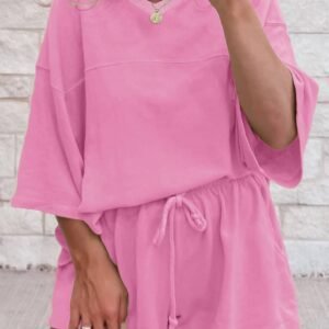 Bonbon Solid Loose V Neck Half Sleeve Tee And Shorts