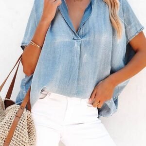 Sky Blue Split V Neck Oversized Denim Blouse