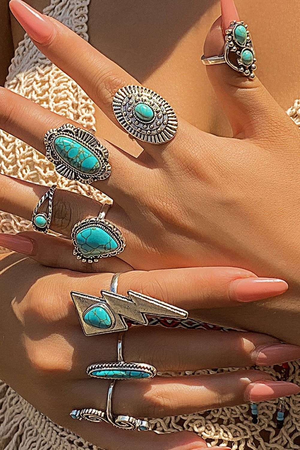 Silvery 8Pcs Turquoise Inlay Western Ring Set