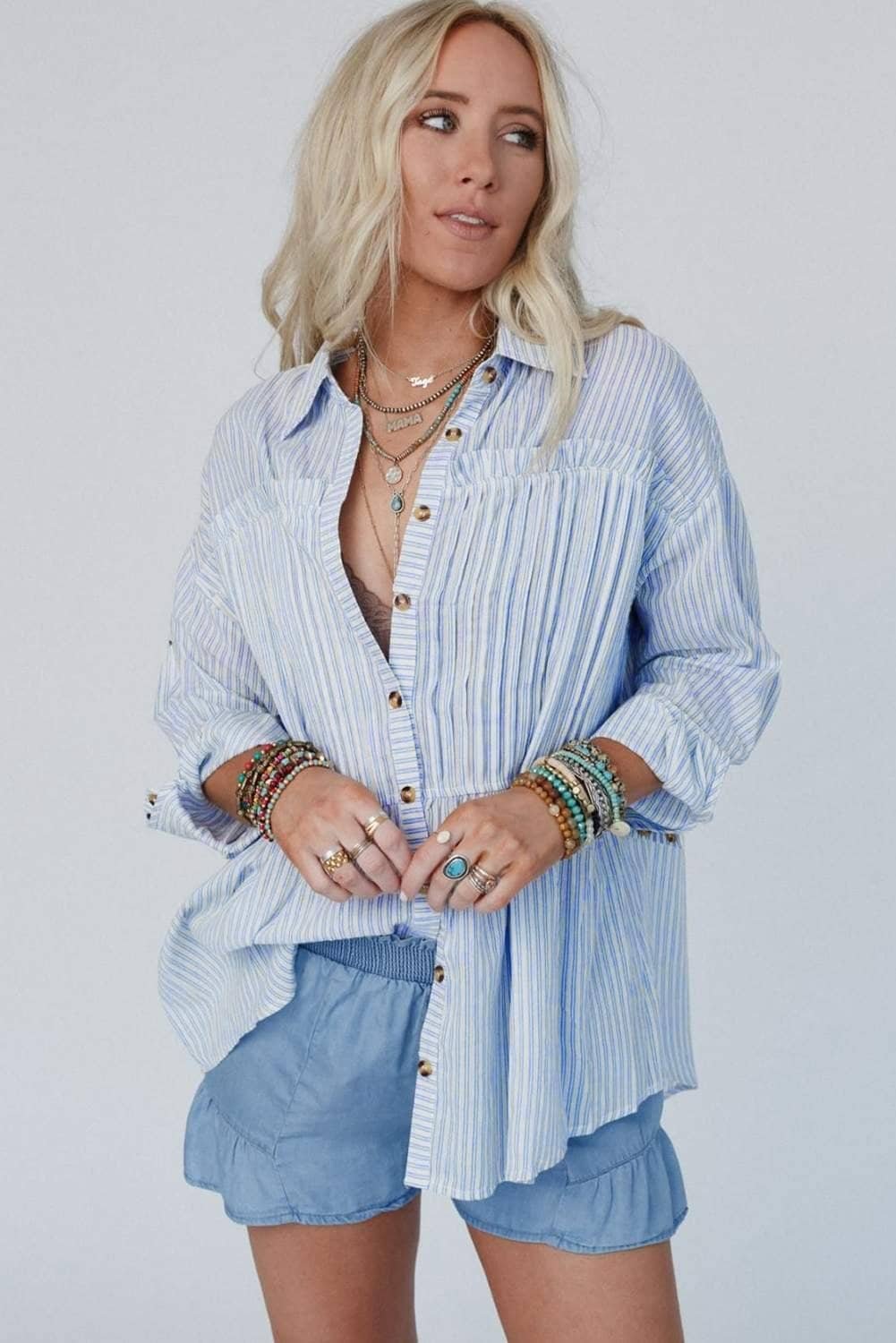 Sky Blue Stripe Ruffled Button Up Long Sleeve Shirt