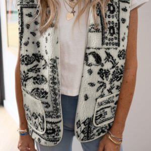 Beige Sherpa Paisley Print Pocketed Western Fashion Vest Jacket