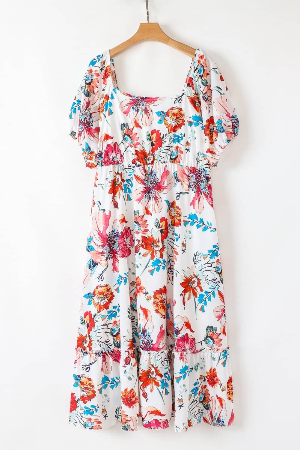 White Floral Square Neck Puff Sleeve Flowy Plus Size Midi Dress