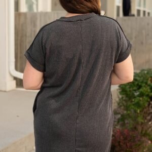 Carbon Grey Corded V Neck Plus Size T Shirt Dress With Pockets