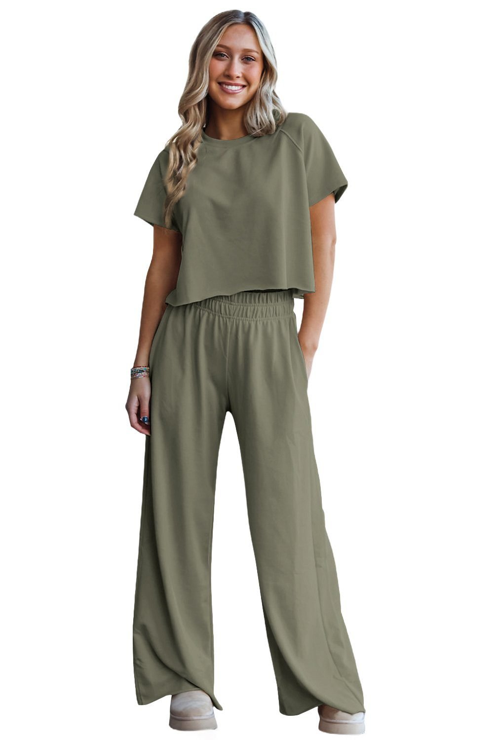Seagrass Raw Hem Loose Tee And Wide Leg Pants Set