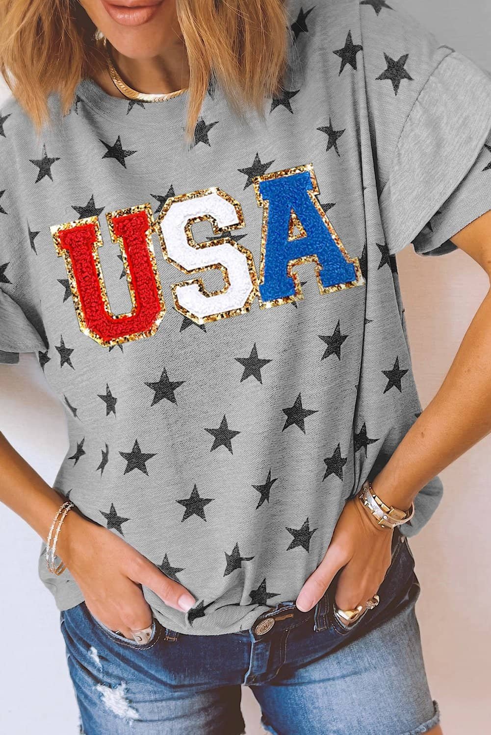 Gray Usa Letter Patched Star Printed Ruffle Trim Sleeves Loose Tee