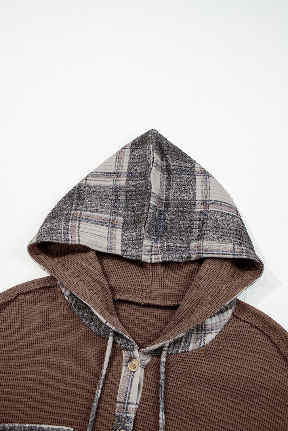 Brown Plaid Patchwork Button Down Drawstring Hooded Shacket