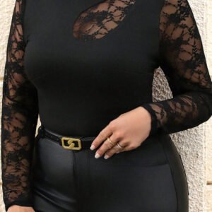 Black Plus Size Lace Patchwork Asymmetric Cutout Sheer Long Sleeve Top