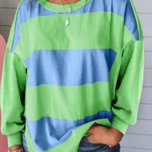 Blue Colorblock Striped Drop Shoulder Loose Top