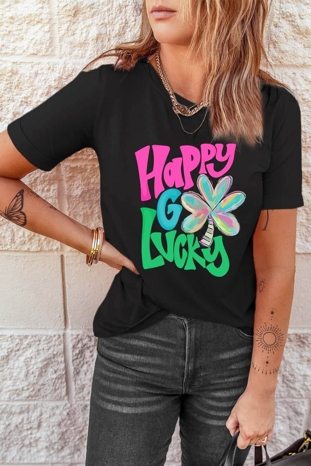 Black Happy Go Lucky Clover Print Crew Neck T Shirt