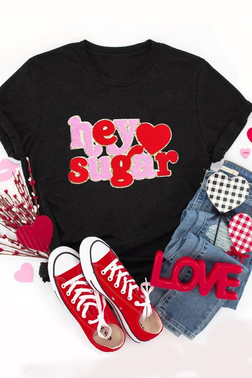 Black Chenille Heart Hey Sugar Patched Crewneck Valentines Tee