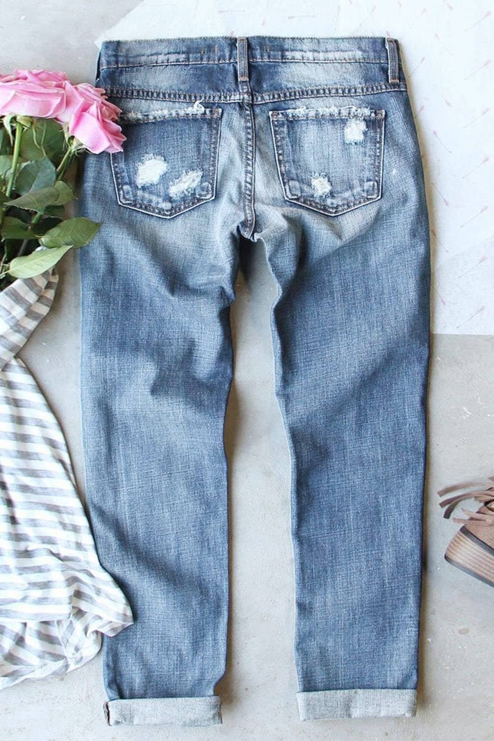 Light Blue Flag Pattern Inspired Sequin Bow Graphic Distressed Jeans