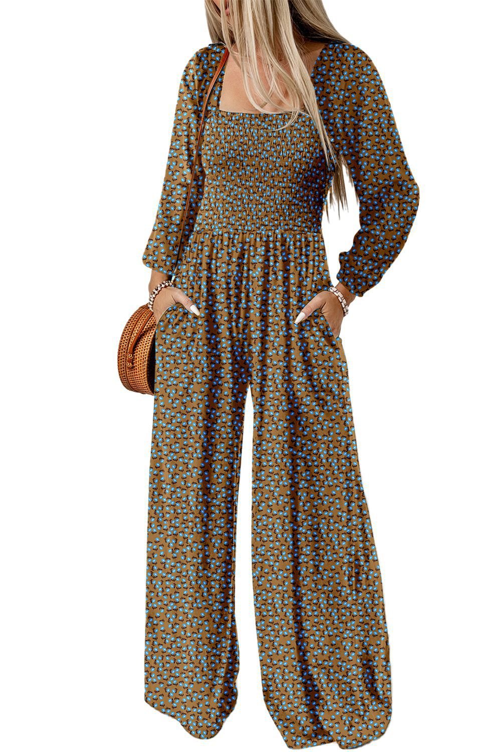 Brown Floral Print Western Smocked Bodice Square Neck Wide Leg Jumpsuit