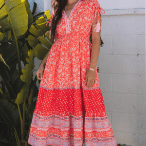 Red Floral Print Tasseled Tied Sleeve Empire Waist Maxi Dress