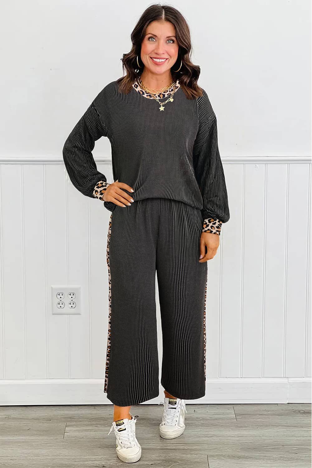 Carbon Grey Twisted Rib Texture Leopard Patchwork Detail 2Pcs Pant Set