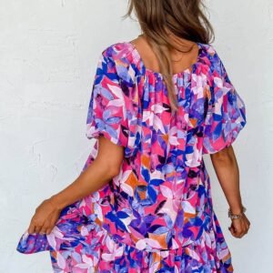Purple Flower Print Short Puff Sleeve Ruffled Dress