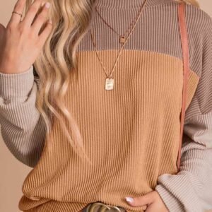Khaki Color Block Long Sleeve Ribbed Loose Top