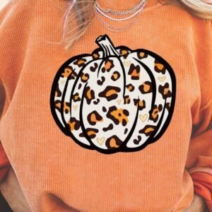 Orange Leopard Pumpkin Graphic Corded Sweatshirt