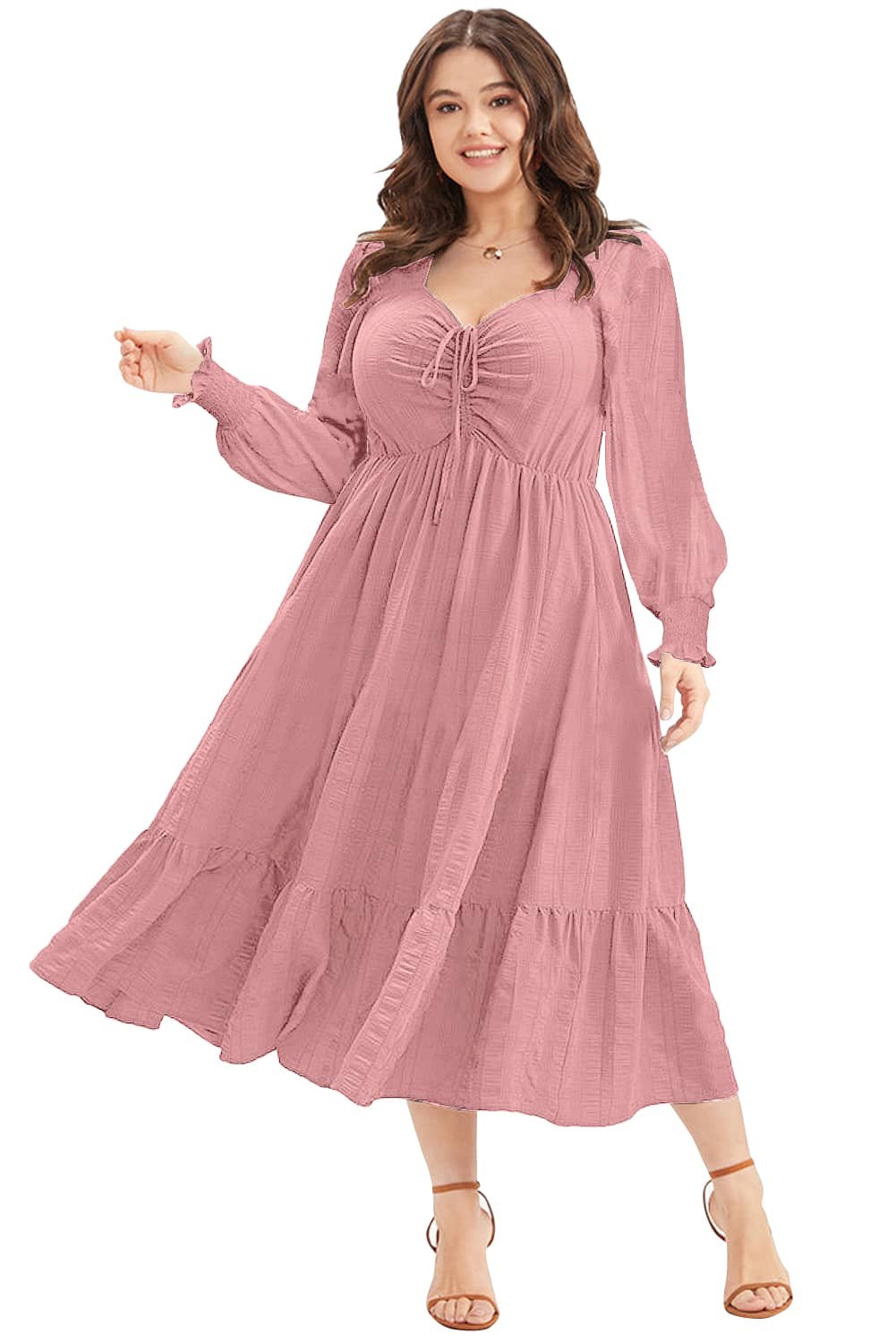 Pink Lace-Up Ruched Front Long Sleeve Ruffle Hem Plus Size Midi Dress