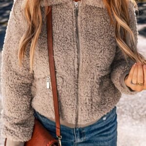 Light French Beige Zipper Pocketed Winter Fuzzy Jacket
