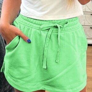 Light Green French Terry Drawstring Mini Skort With Pockets