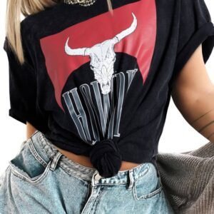 Black Western Howdy Steer Head Print Side Slits Loose Fit T Shirt