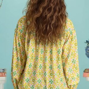 Green Boho Floral Print Frilly Detail Puff Sleeve Shirt