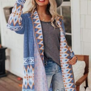 Blue Aztec Print Open Front Knitted Cardigan