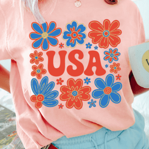 Pink Shimmer Flower Usa Letter Printed Casual T Shirt